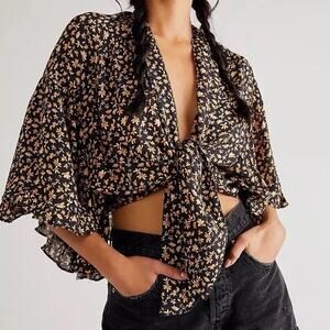 Free People XS Calisto Bed Jacket Black Tie Front Top Floral Indie Granola Girl
